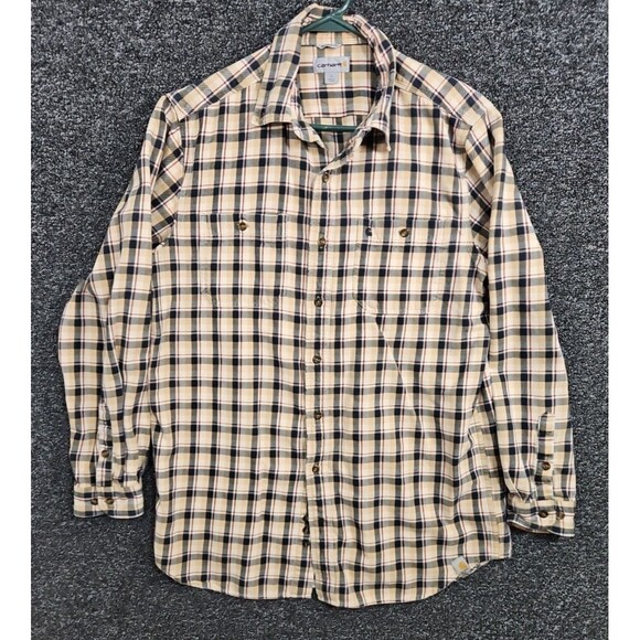 Carhartt Flannel Button Up Shirt Men's Size Large Tall Relaxed Fit Tan Black - Picture 1 of 8